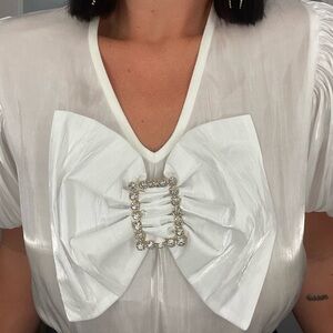 White pearl bow blouse with adorable puffy sleeves, holiday top,dress up or down